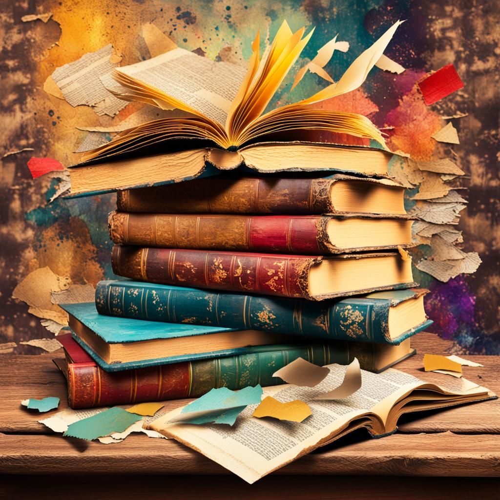 Colorful Books and Papers Collage on Wooden Table