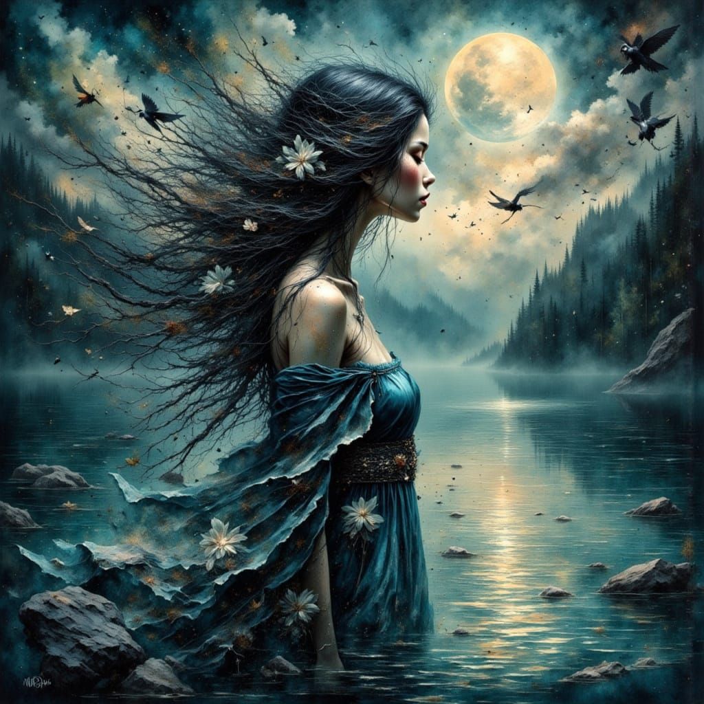 Mysterious Water Nymph in Surreal Skyfall