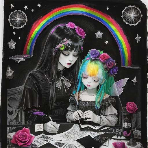 Surreal Crayon Drawing: Goth Mother and Child