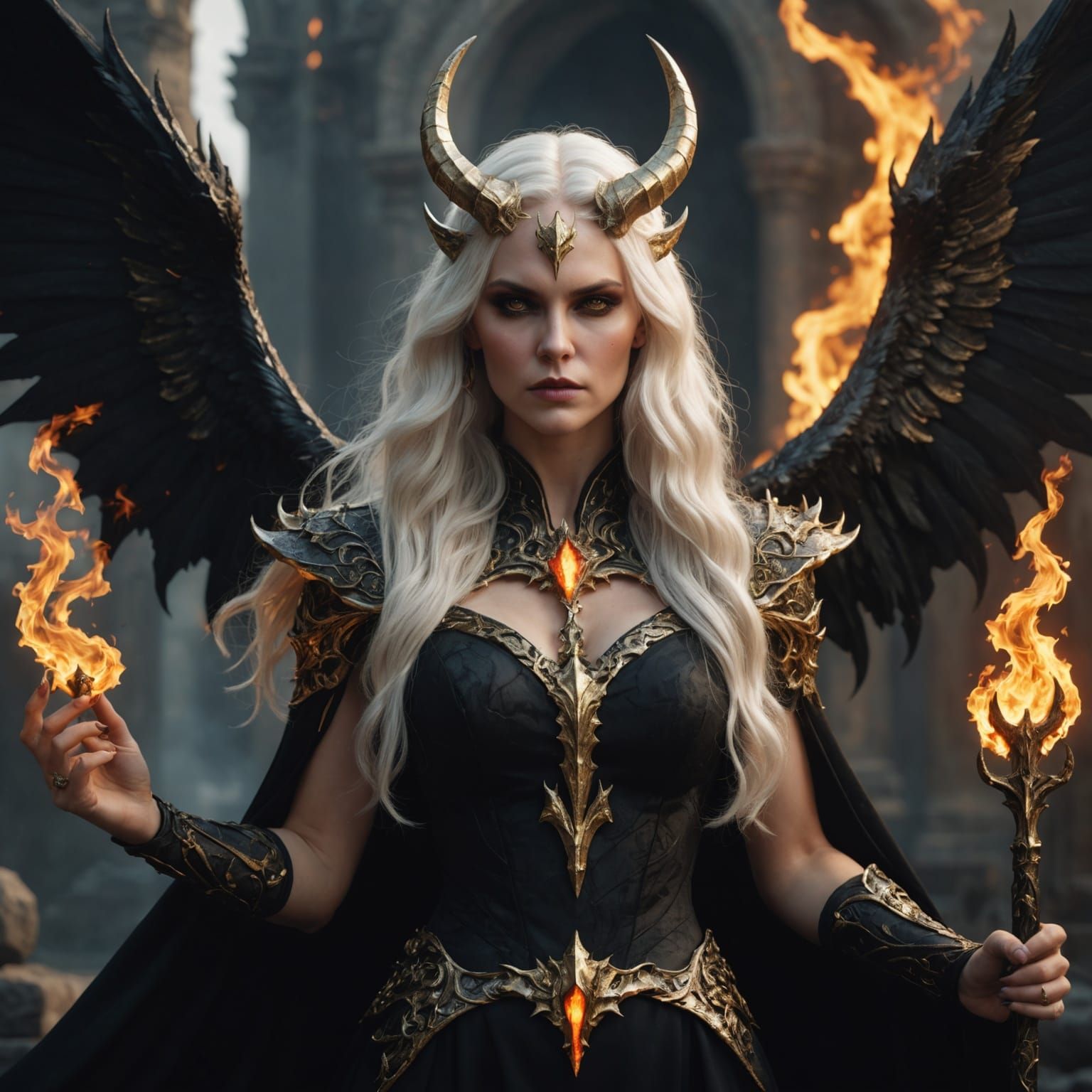 Female Demon with Flaming Trident, Trending on Artstation