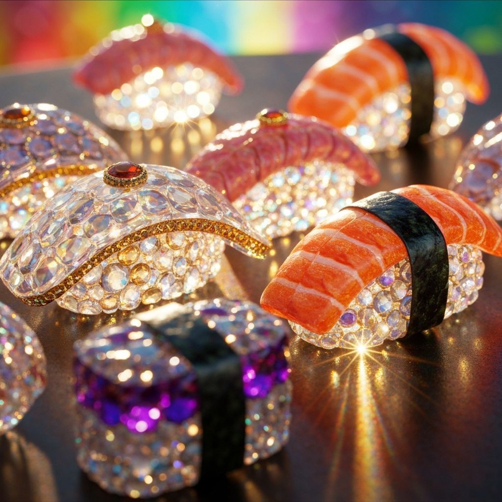 Exquisite Glass and Gemstone Sushi: Hyperrealistic Image