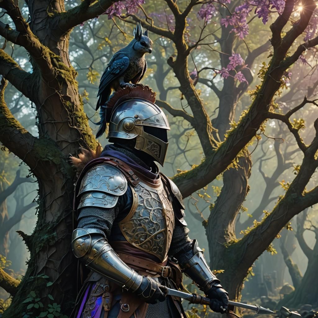 Medieval Knight with Magpie in Fluorescent Forest