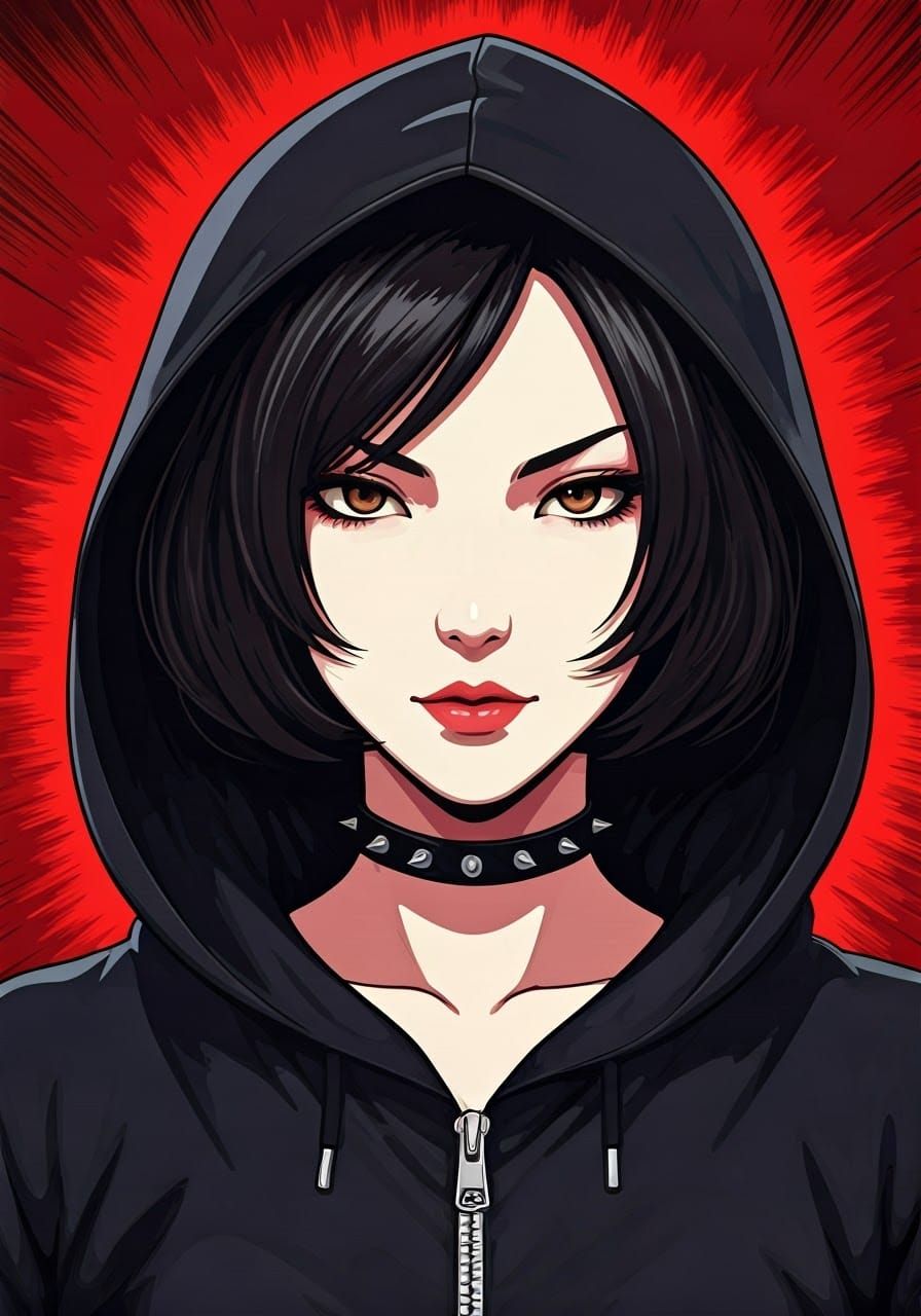 Edgy Korean Woman in Gothic Hoodie, Shonen Anime Style