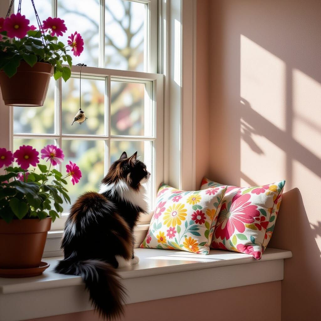 Black Cat Gazes Out Window at Birdfeeder in Futuristic Decay