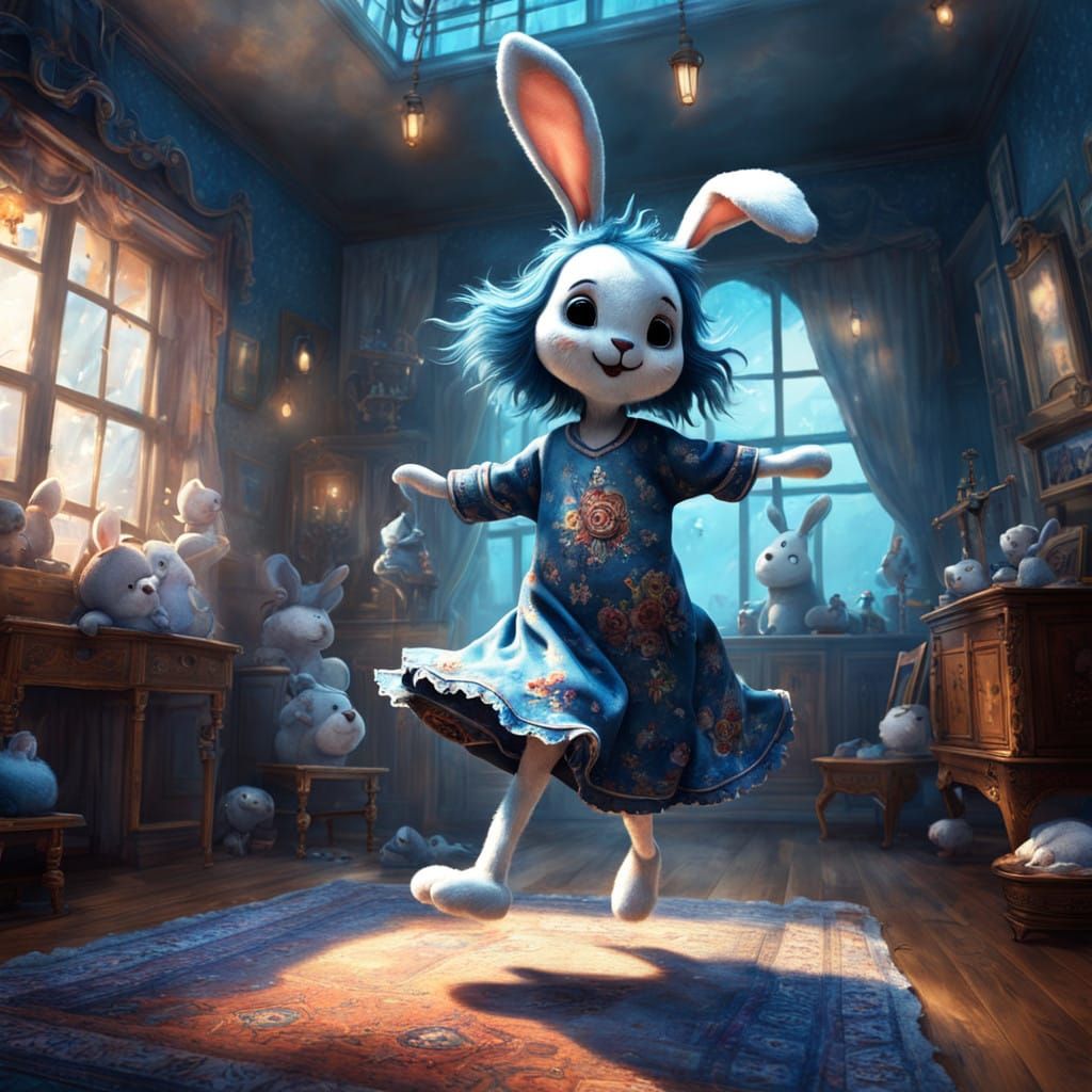 Whimsical Girl Dances with Fantastical Rabbit in Dreamlike S...