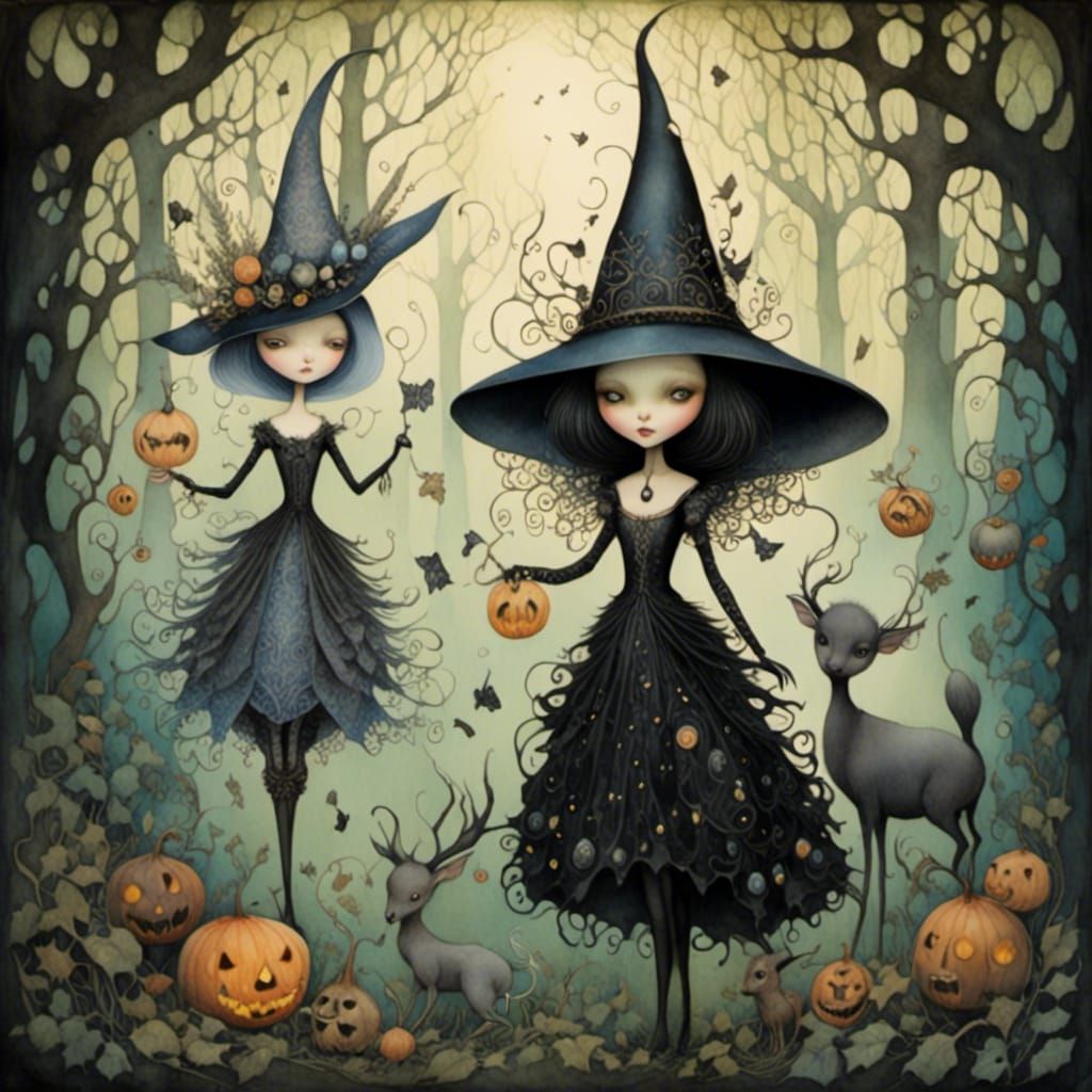 African Witches in Twilight Forest, Watercolor Style