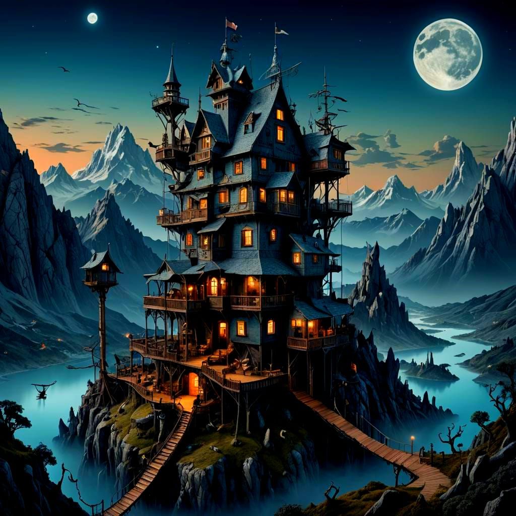 Surreal Rube Goldberg House with Bosch Monsters