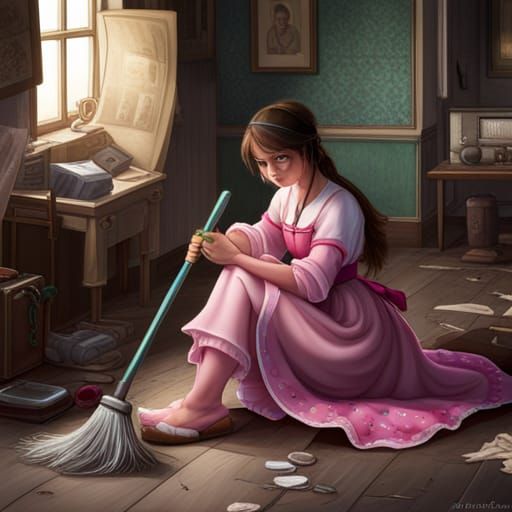 Sad servant girl with a broom sneaking a break in