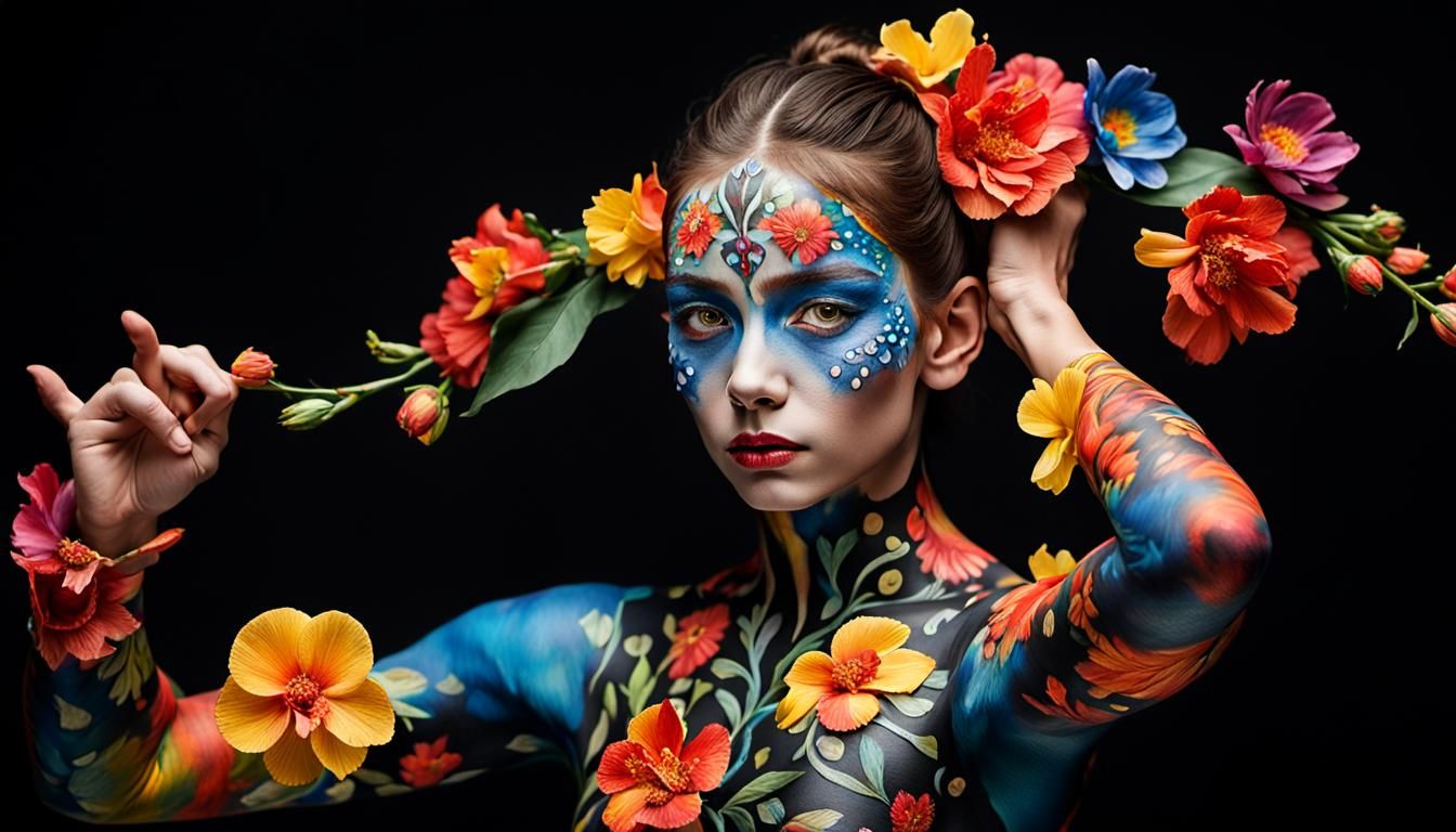 Floral Body Paint Dancer Portrait in Studio Lighting