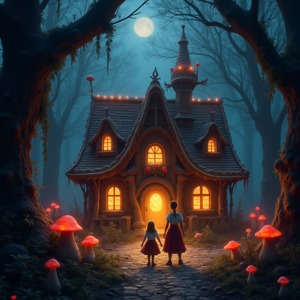 Sisters Standing Before Glowing Gingerbread House in Enchant...