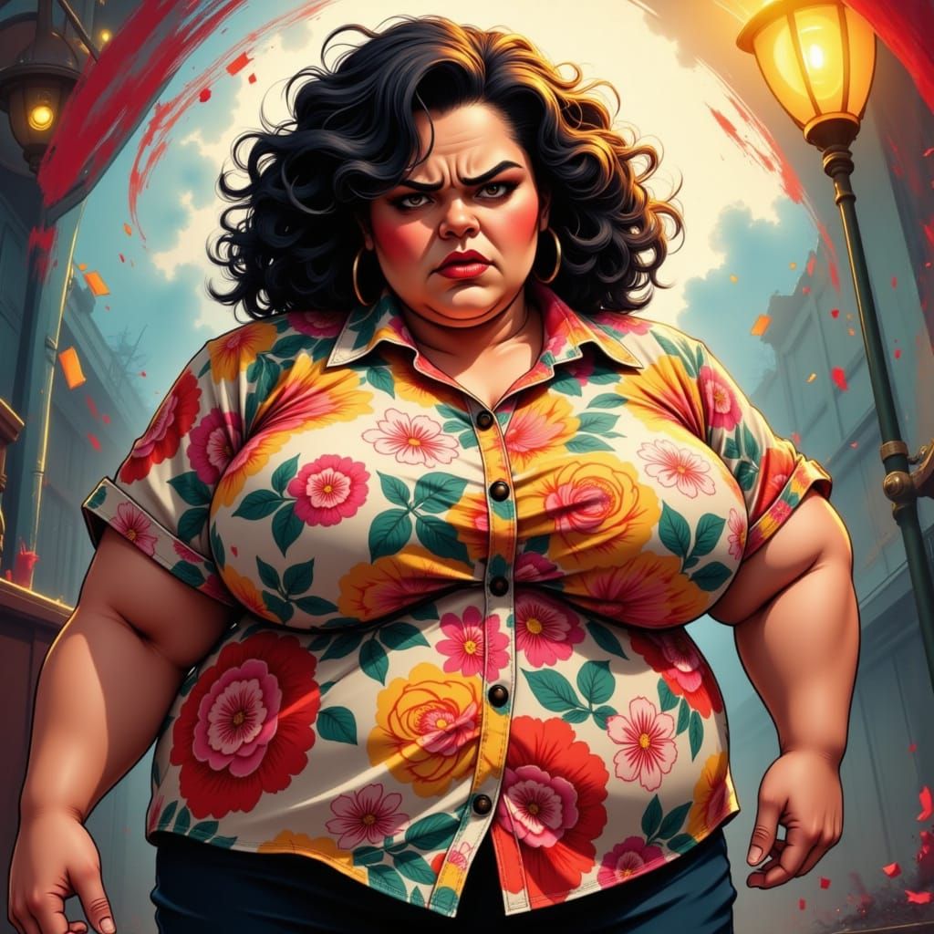 Determined Plus-Sized Woman with Vibrant Floral Shirt