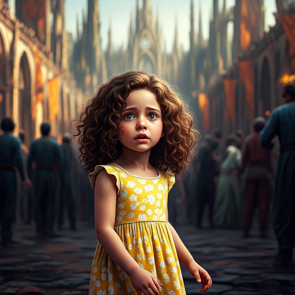 Lost Child in a Whimsical Cityscape