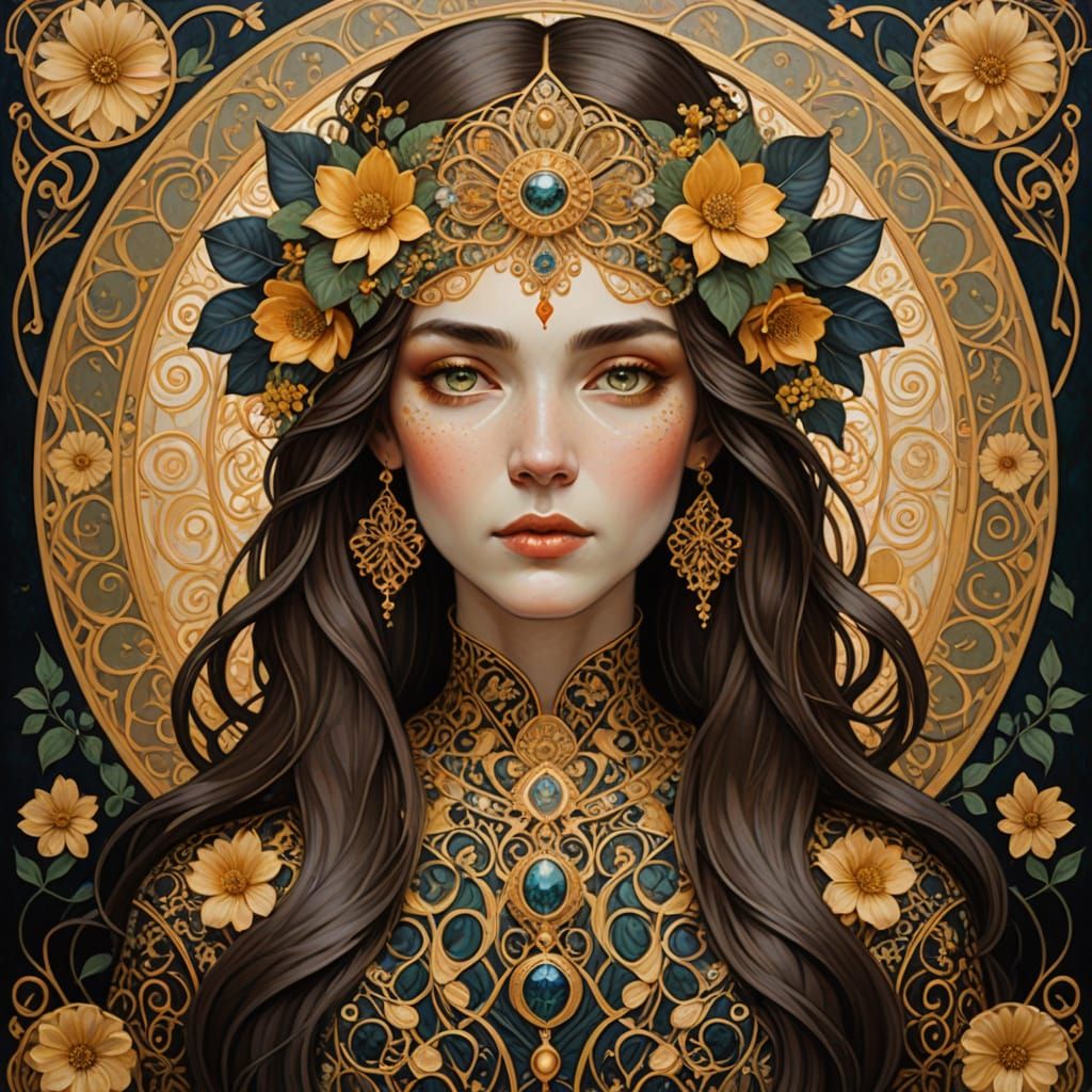 Art Nouveau Portrait of Mystical Woman in Gold