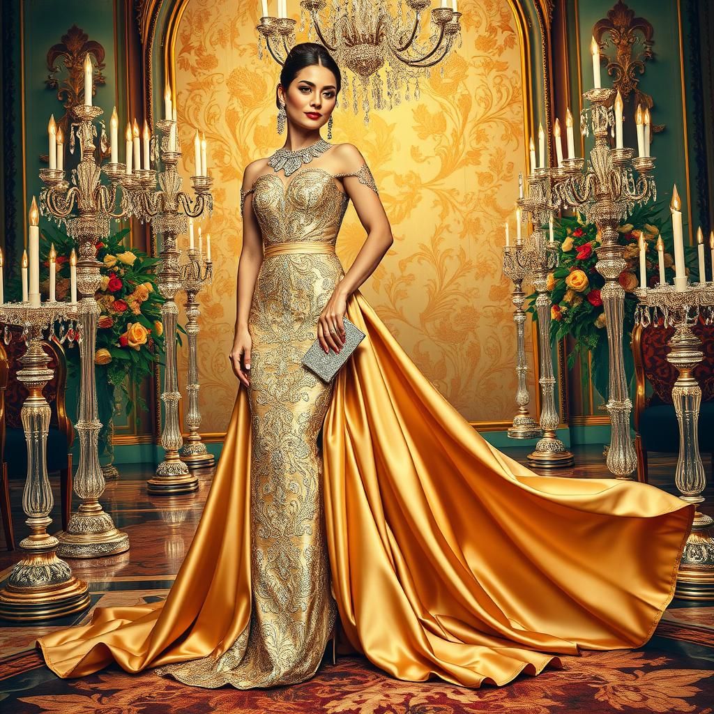 Elegant Woman in Opulent Ballroom, Klimt Style