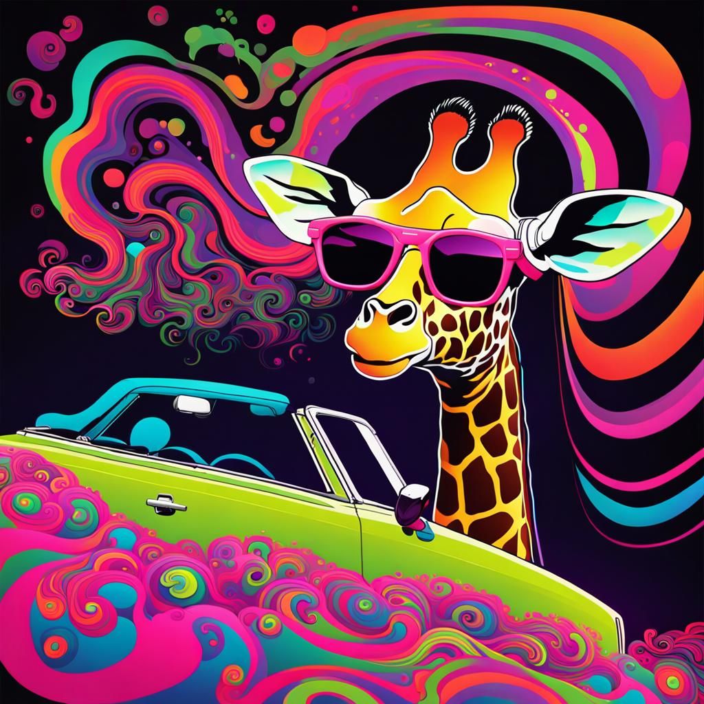 Psychedelic Giraffe Road Trip in Electric Hues
