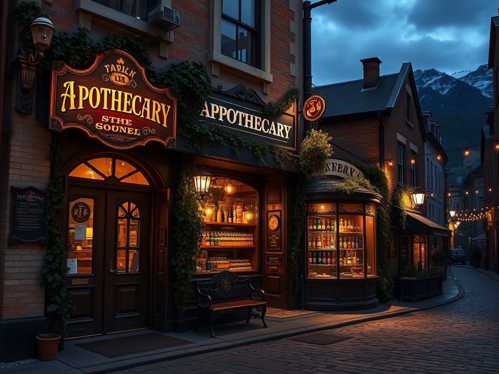 Steampunk Apothecary Corner Shop at Midnight