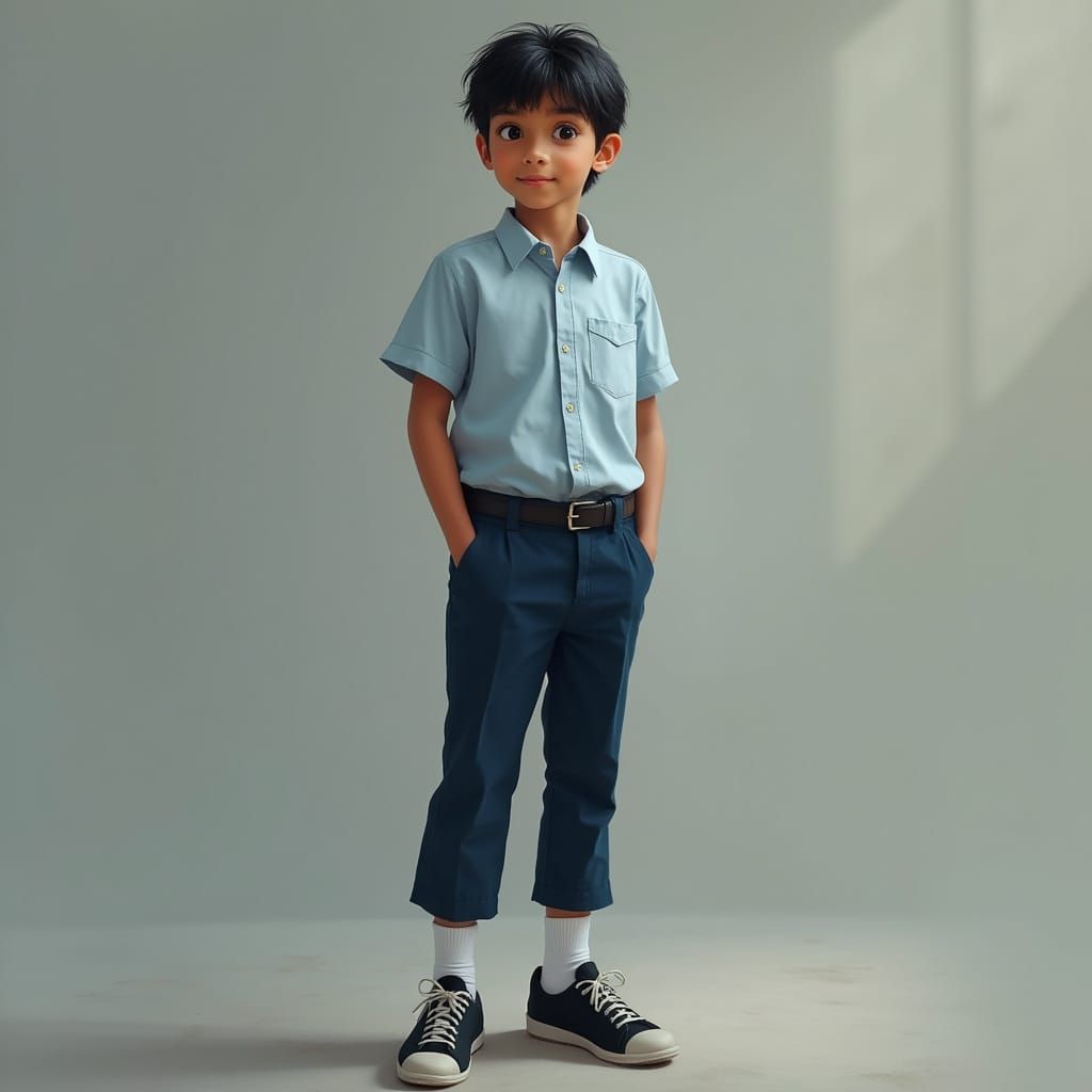 Young Man in Light Blue Shirt and Dark Blue Trousers