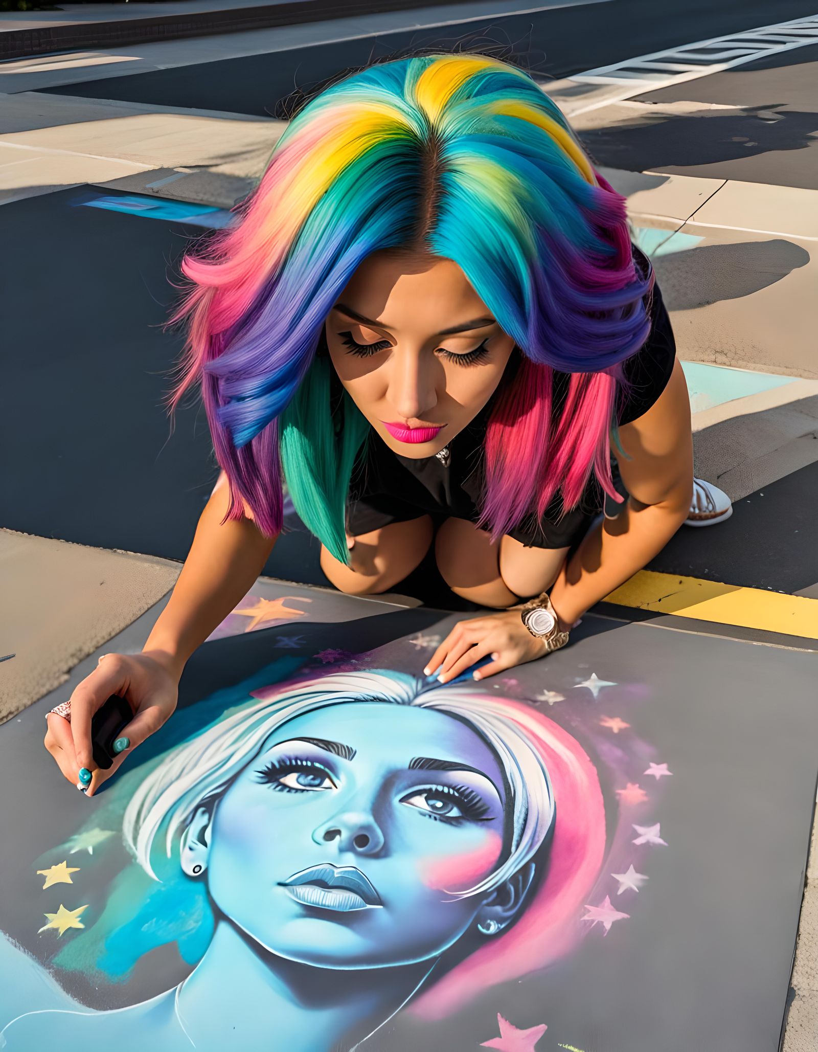 Sidewalk Chalk Art of Woman with Colorful Hair
