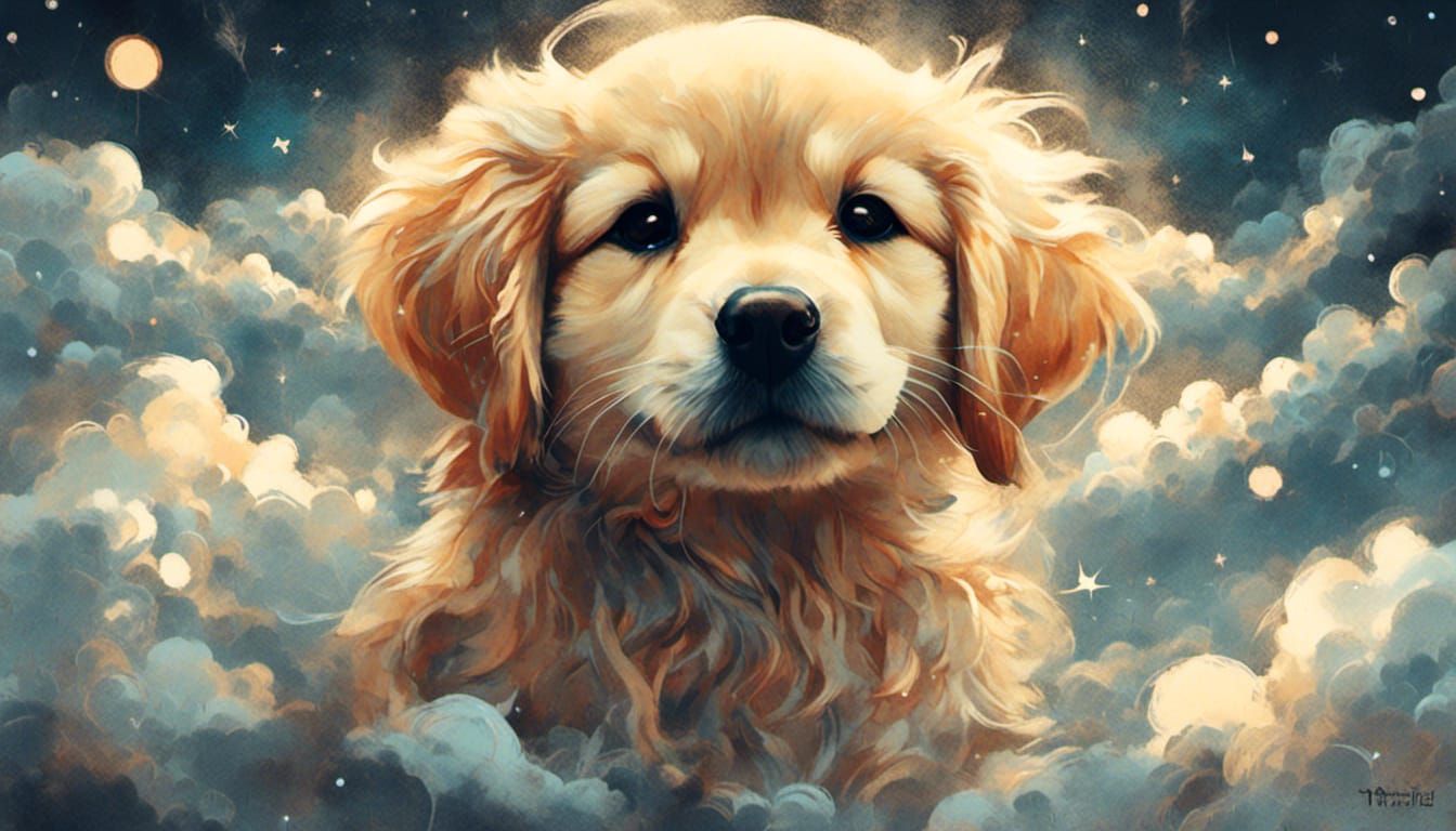 Cloud Puppy: A Chibi Golden Retriever in Gouache Style