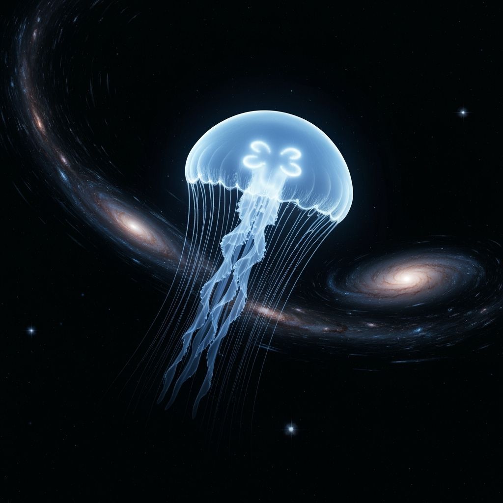 Bioluminescent Jellyfish Drifting Through Deep Space as Matt...