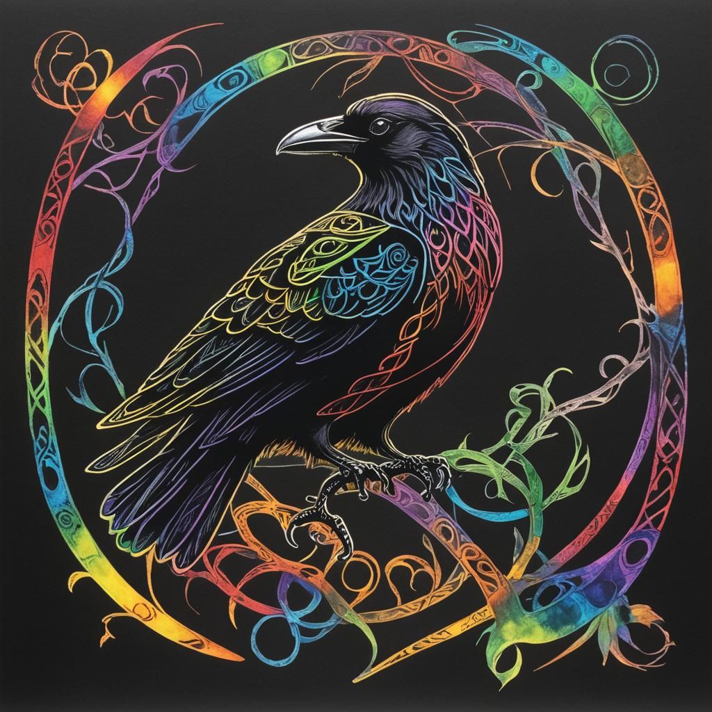 Celtic Raven Silhouette in Childlike Crayon Style
