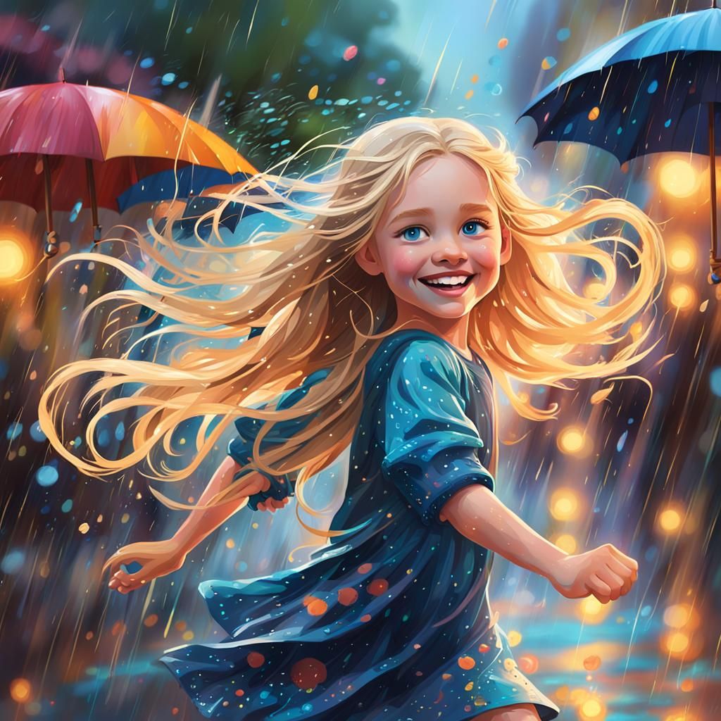 Girl Dancing in Rain: Splash Art with Art Nouveau