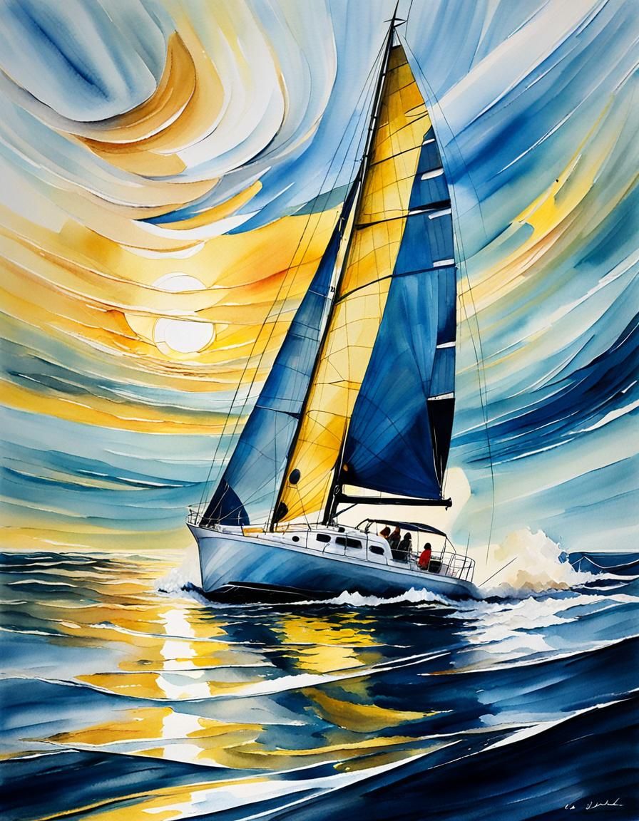 Vibrant Yellow and Blue Watercolor Sailboat Abstract