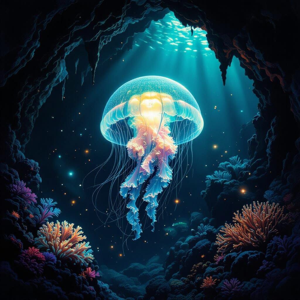 Bioluminescent Jellyfish in Deep-Sea Cave, in Blacklight Sty...