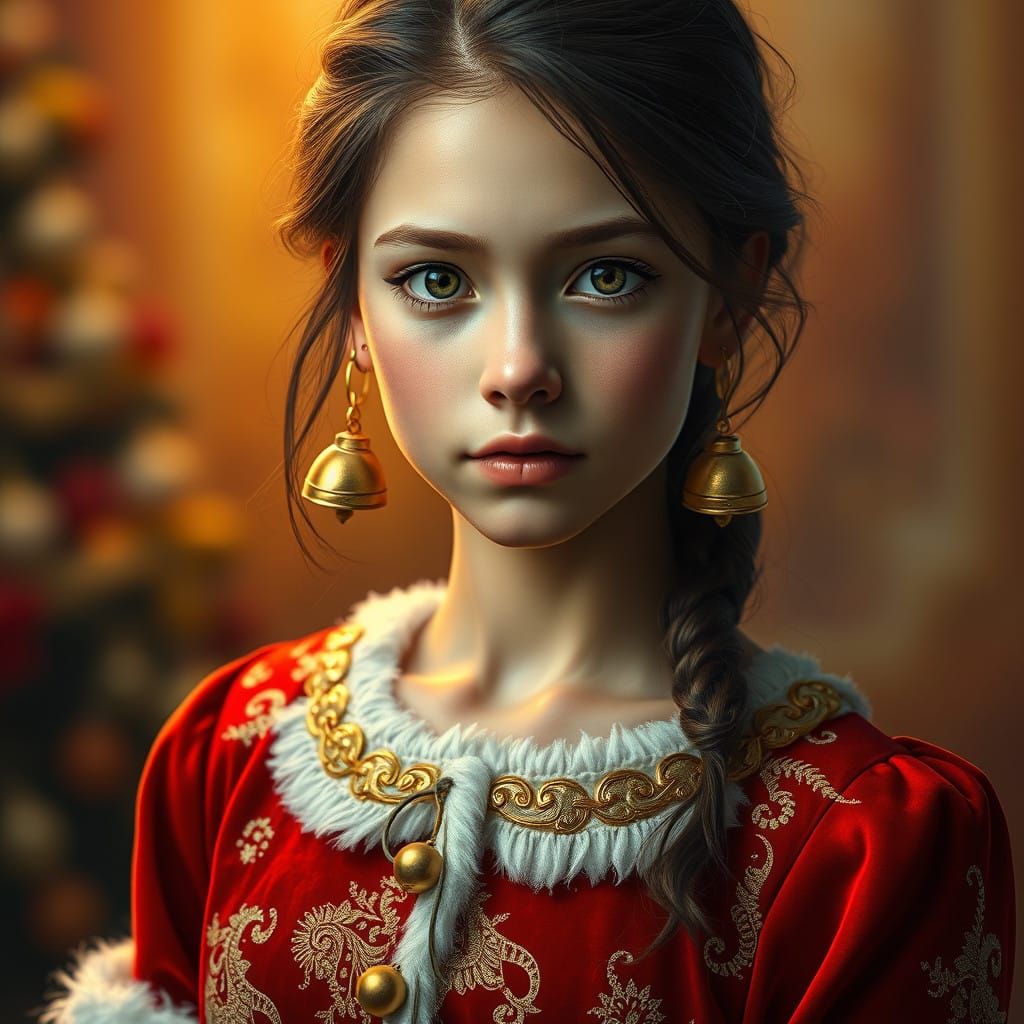 Innocent Christmas Belle in Hyperrealistic Santa Claus Dress