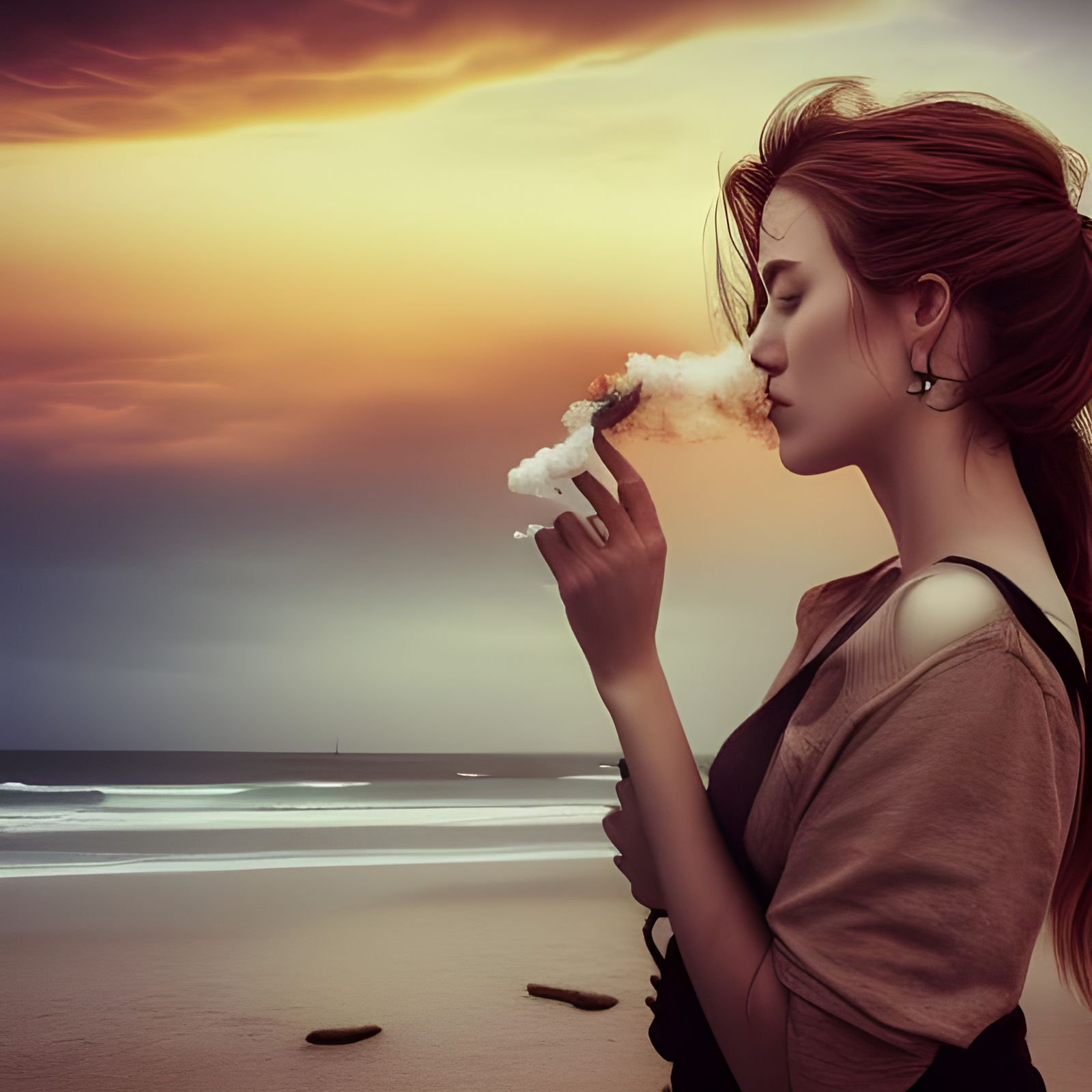 Sunset Serenity: Woman in Smoke on the Beach