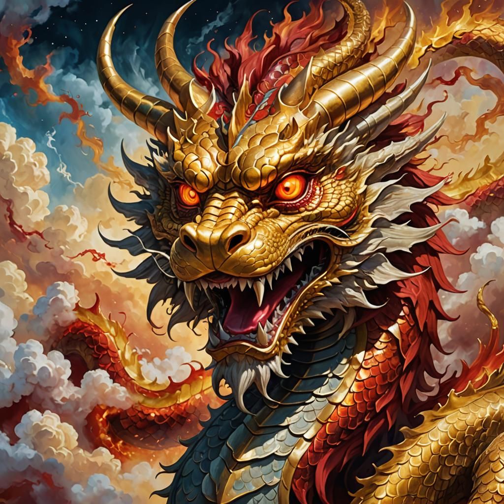 Golden Chinese Dragon Portrait in Oil Painting Style