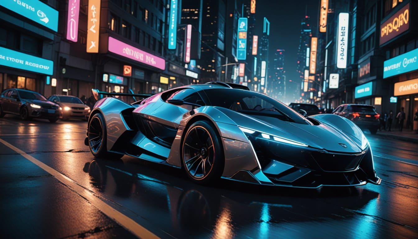 Cinematic Futuristic Concept Car Speeding Down a Neon-Lit Hi...