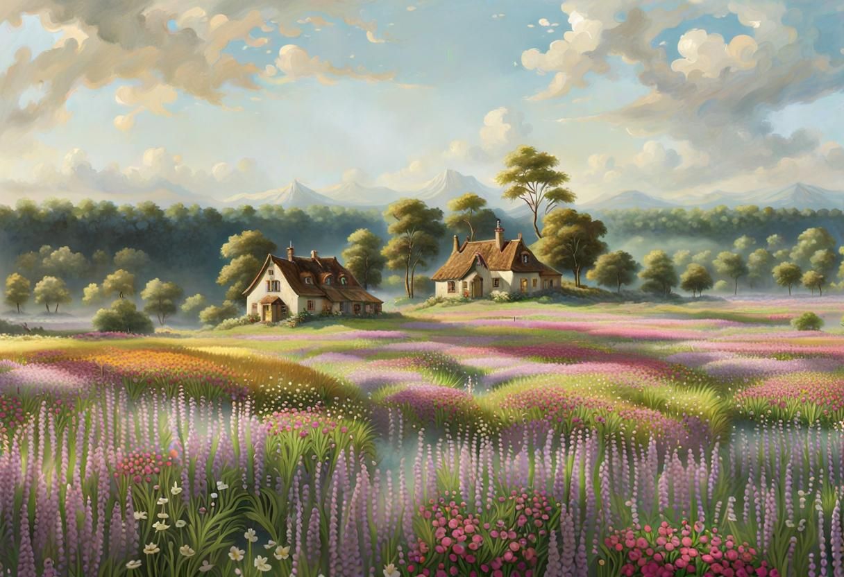 Cozy Cottage Landscape with Waterfalls in Detailed Matte Pai...