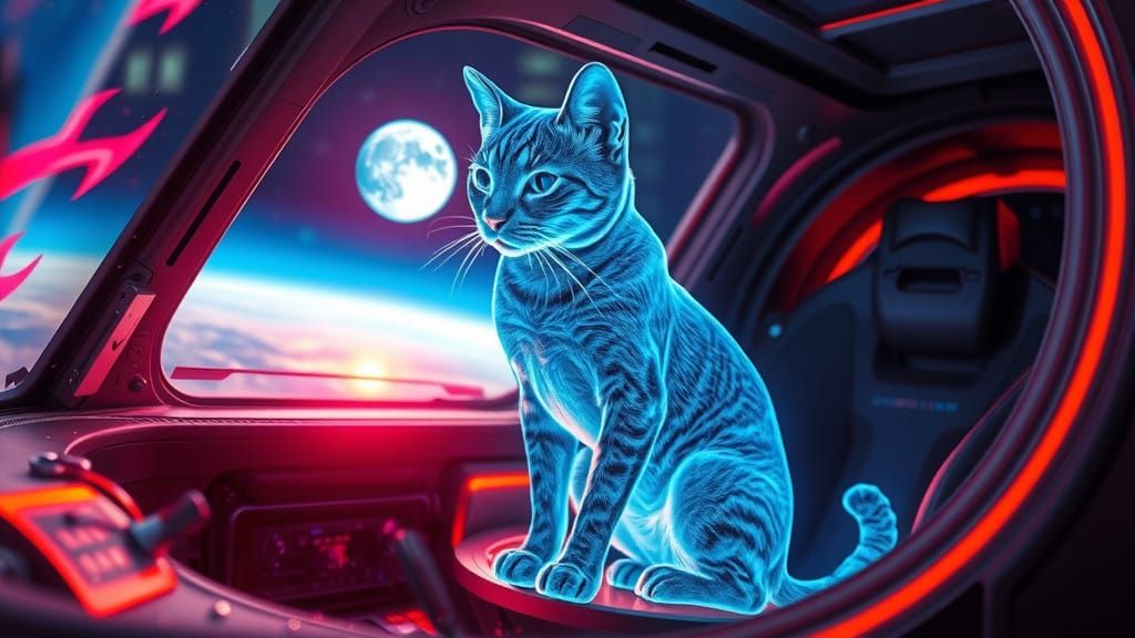 Hyperrealistic Holographic Cat in Spaceship Cockpit under Mo...