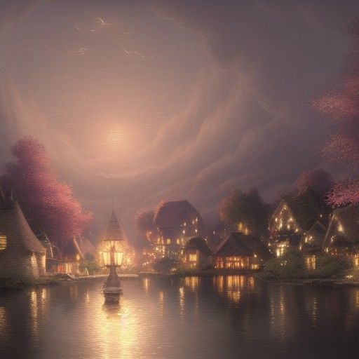 Ethereal Lights Over Lakeside Village, Studio Ghibli Style