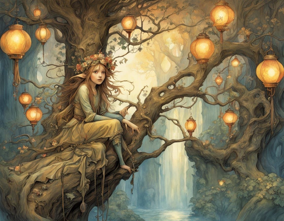 Elven City in Oak Tree Homes, Whimsical Fantasy Art