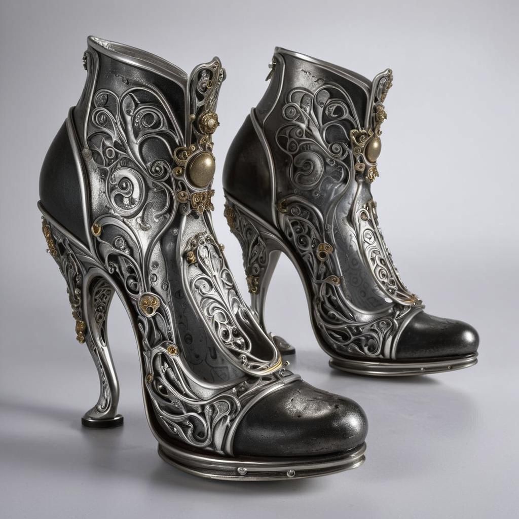 Art Nouveau Woman in Silver Iron High Heels