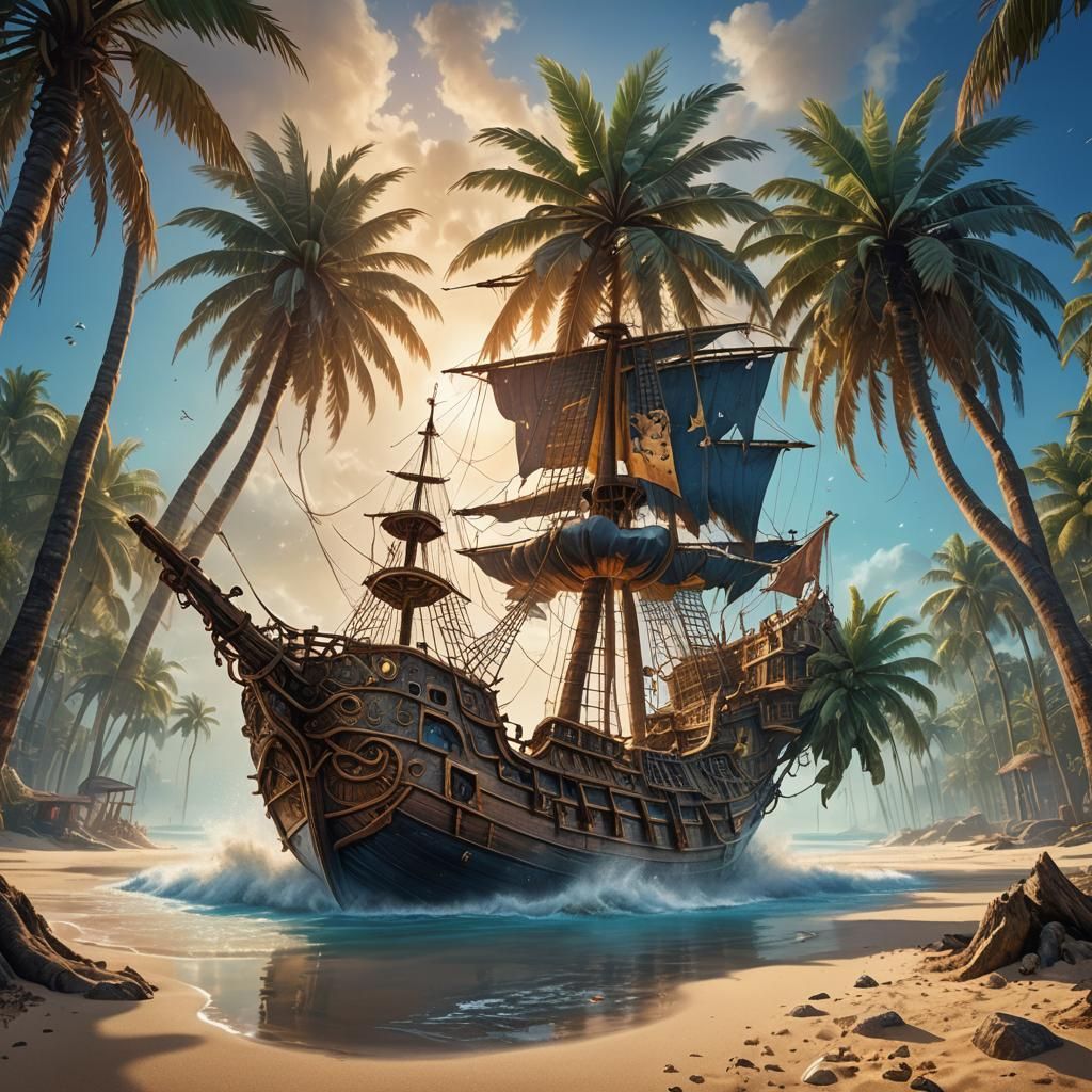 Mystical Shipwreck on Sandy Beach: Fantasy Art