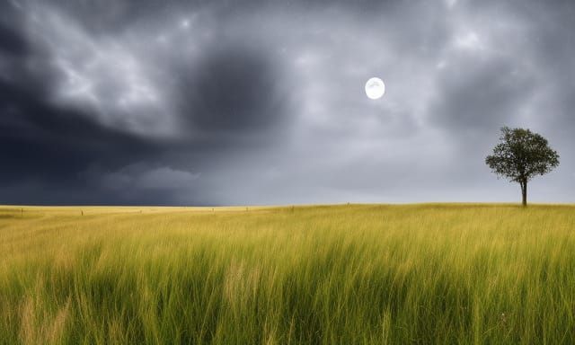 Stormy Grassy Plain Under Moonlight