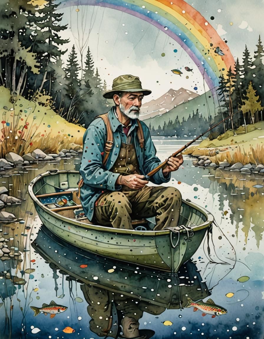 Fisherman's Surreal Catch: Giant Trout in Watercolor