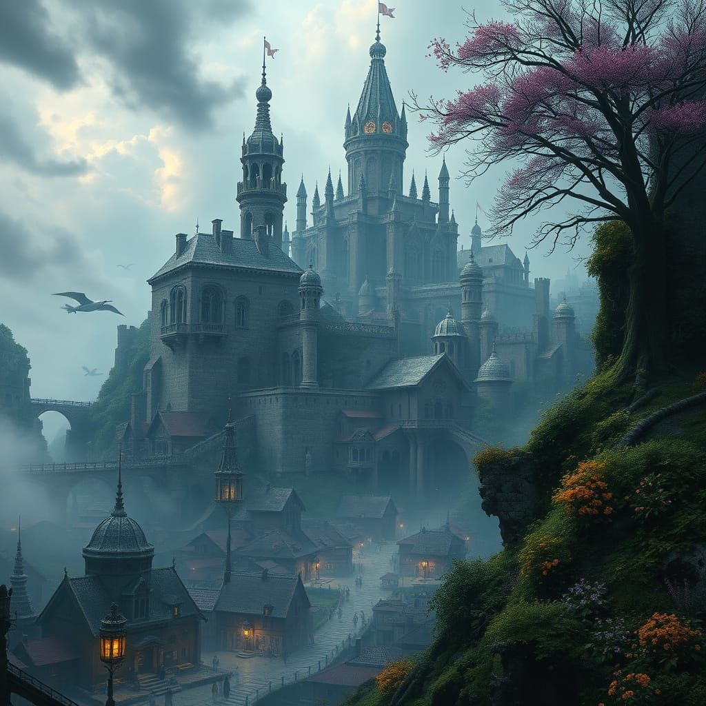 Dark Fantasy Medieval City in Escher and Dali Style