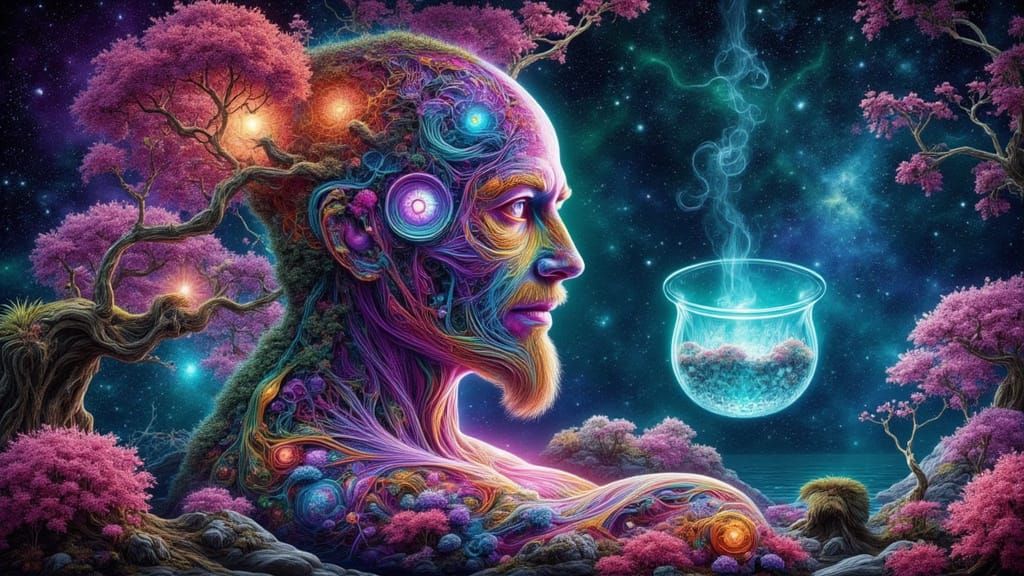 Fractal-Faced Man Meditating in Biomechanical Japanese Garde...