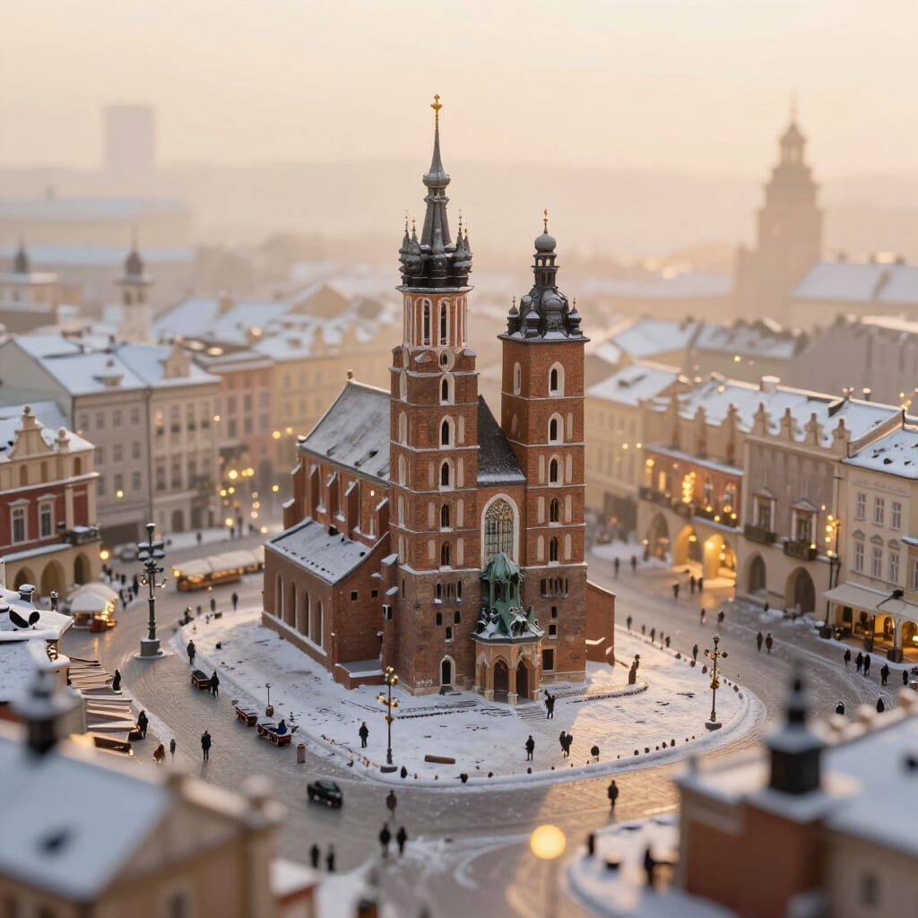 Miniature Krakow Square in Golden Winter Light