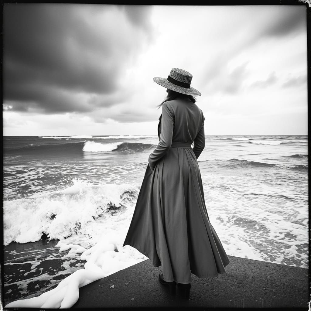 Stormy Beach Scene in Moody Black and White