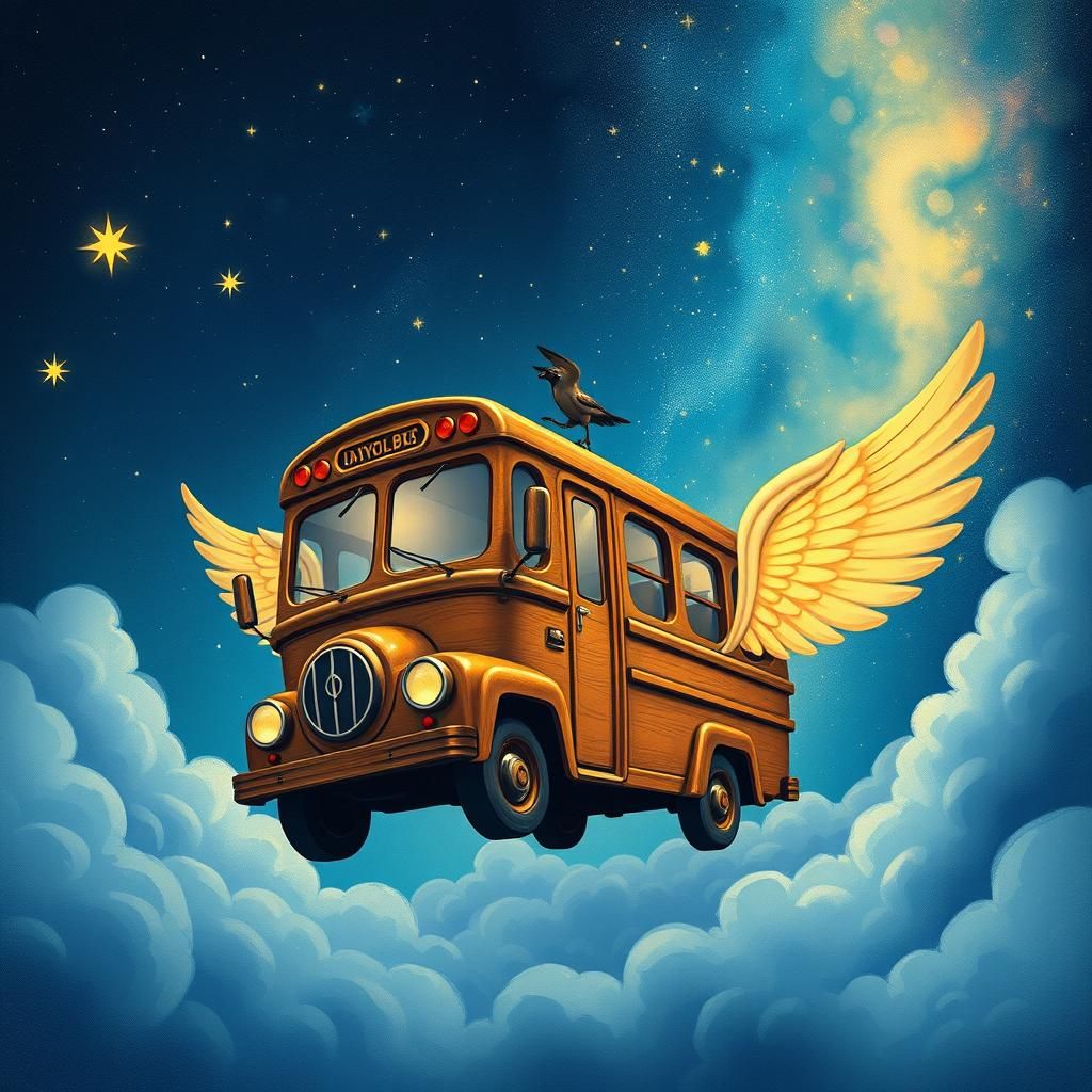 Winged Bus Soaring Through Stars in Dreamy Style