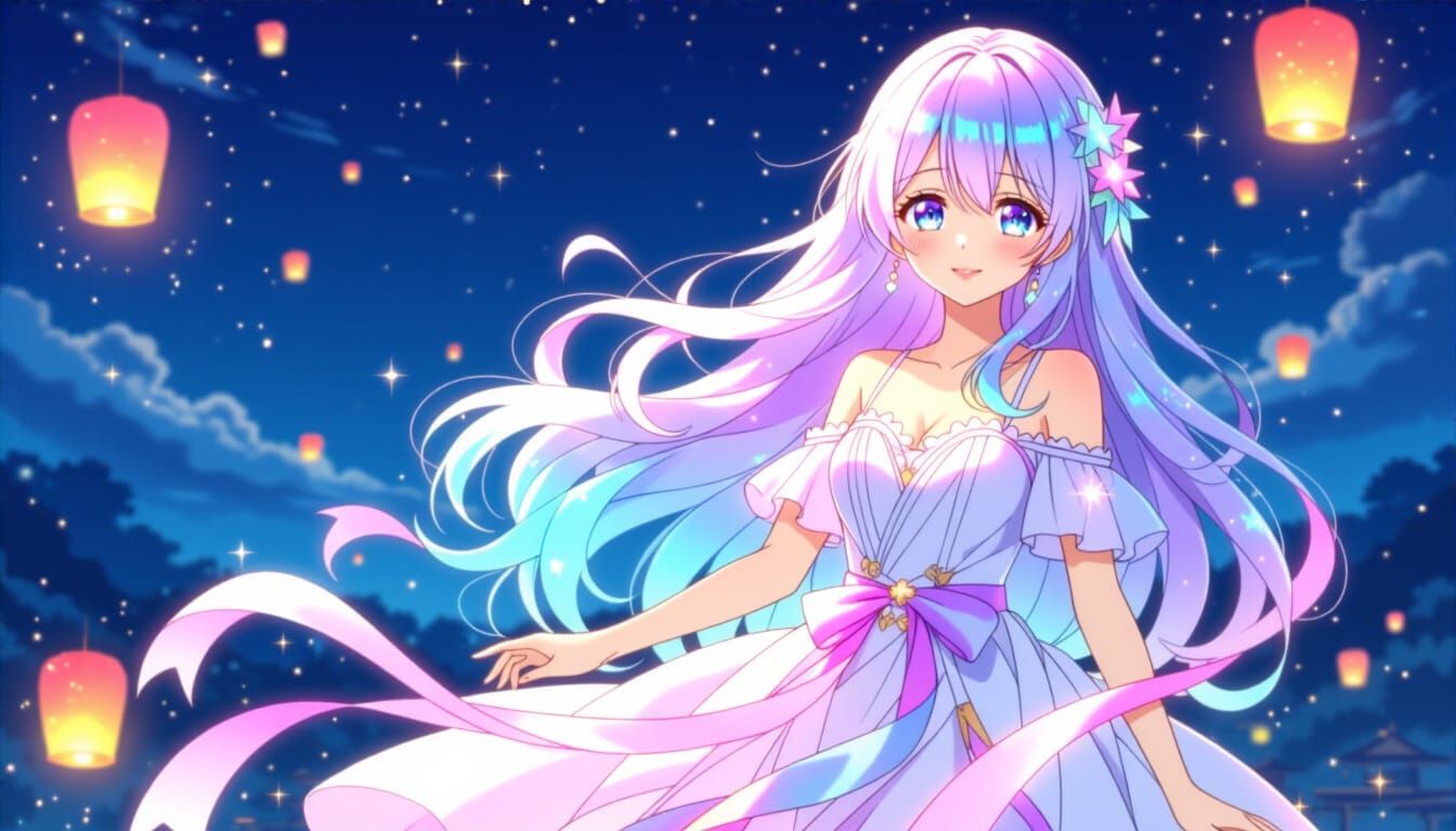 Pastel Hair Anime Girl in Dreamy Night Sky