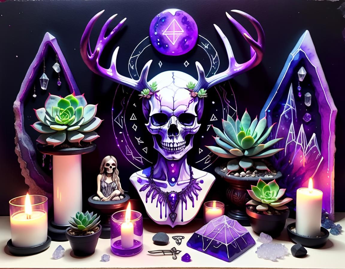 Neon Skull Goddess Altar in Watercolor Style