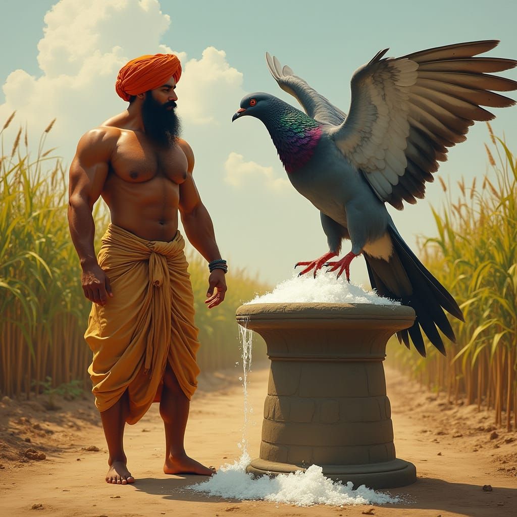 Indian Farmer and Giant Pigeon in Traditional Art Style