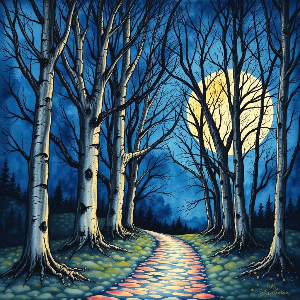 Moonlit Path Through Beech Trees, Alcohol Ink Art