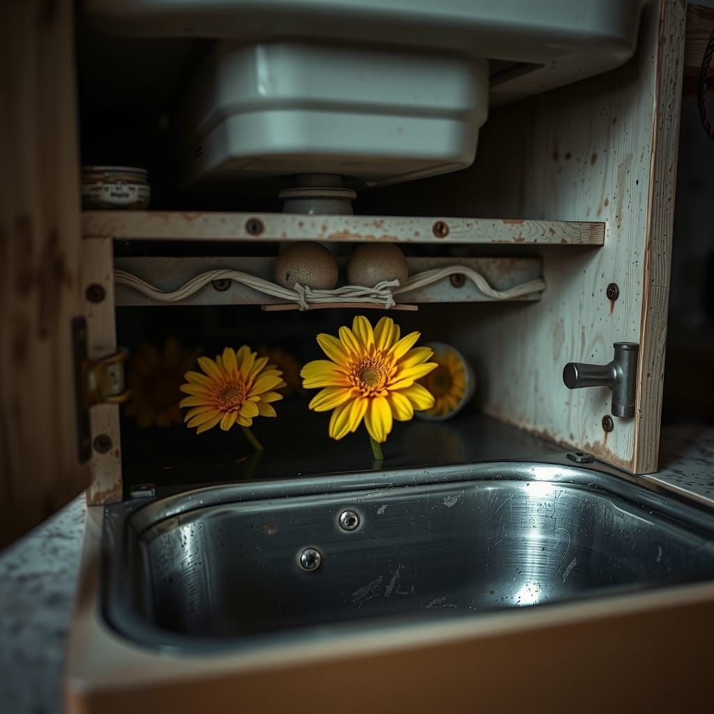 Yellow Flower Hidden in Old Kitchen Cabinet